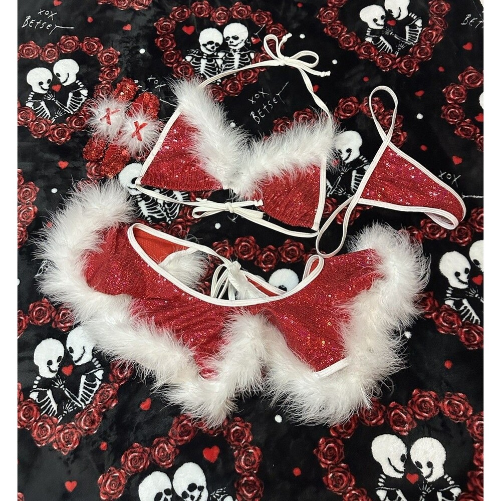 Y2K Santa Lingerie 4pc Set Garters Top Skirt Panty Sequin Faux Fur Mrs Claus Bow